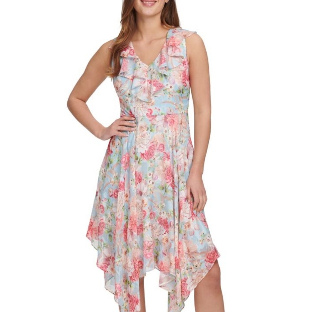 Kensie Ruffle Asymmetrical Floral Dress